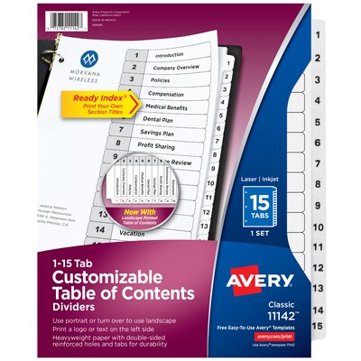 Avery Ready Index Table of Contents Paper Dividers, 1-15 Tabs, White (11142)
