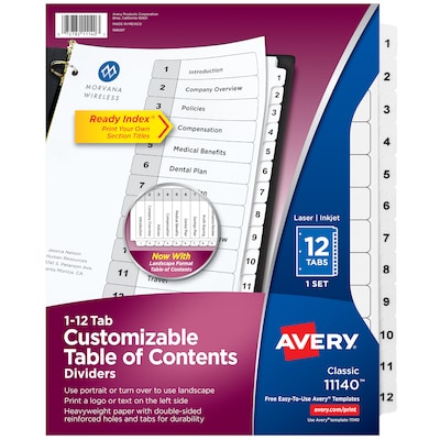 Avery Ready Index Table of Contents Paper Dividers, 1-12 Tabs, White (11140)