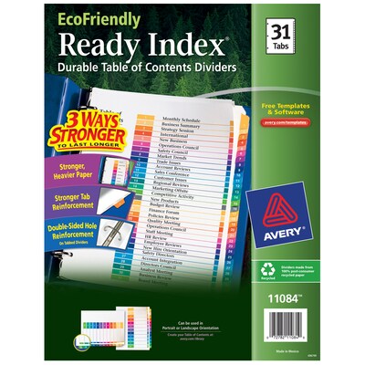 Avery Ready Index Table of Contents EcoFriendly Paper Dividers, 1-31 Tabs, Multicolor (11084)