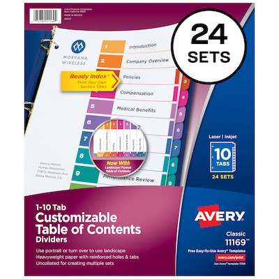 Avery Ready Index Table of Contents Paper Dividers, 1-10 Tabs, Multicolor, 24 Sets/Box (11169)