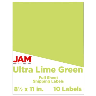 JAM Paper Shipping Labels, 8 1/2 x 11, Ultra Lime Green, 1 Label/Sheet, 10 Sheets/Pack (337628608)