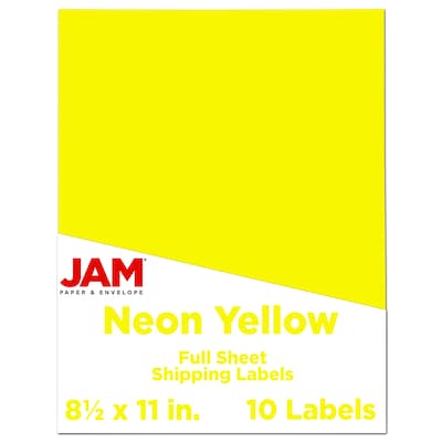 JAM Paper Shipping Labels, 8 1/2 x 11, Neon Yellow, 1 Label/Sheet, 10 Labels/Pack (337628611)