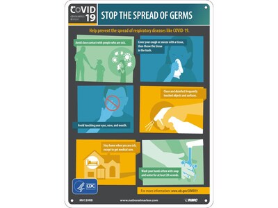 National Marker Wall Sign, COVID-19 Stop the Spread of Germs, Plastic, 14 x 10, Multicolor (M013