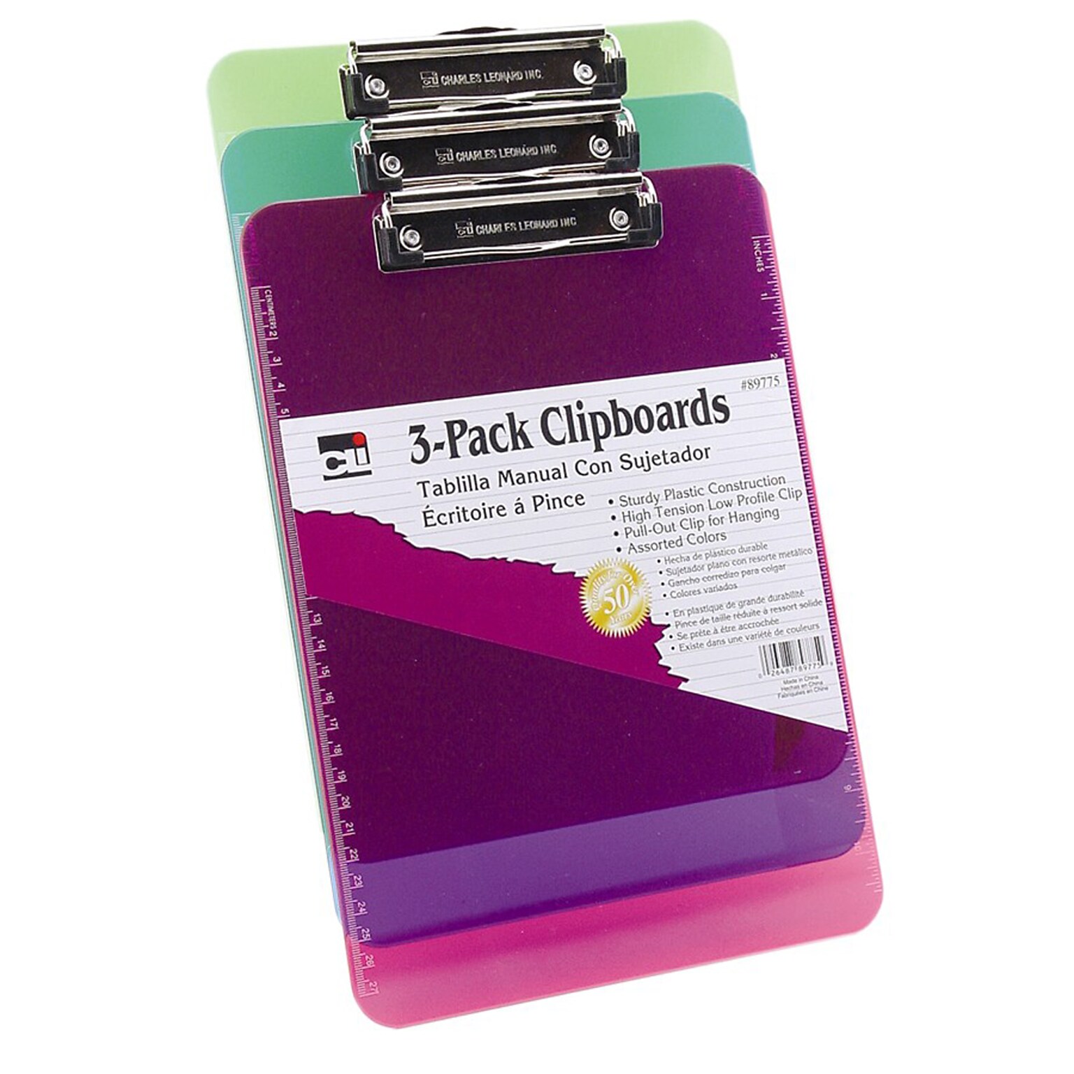 Charles Leonard Plastic Clipboards, Assorted Colors, 3/Pack (CHL89775)