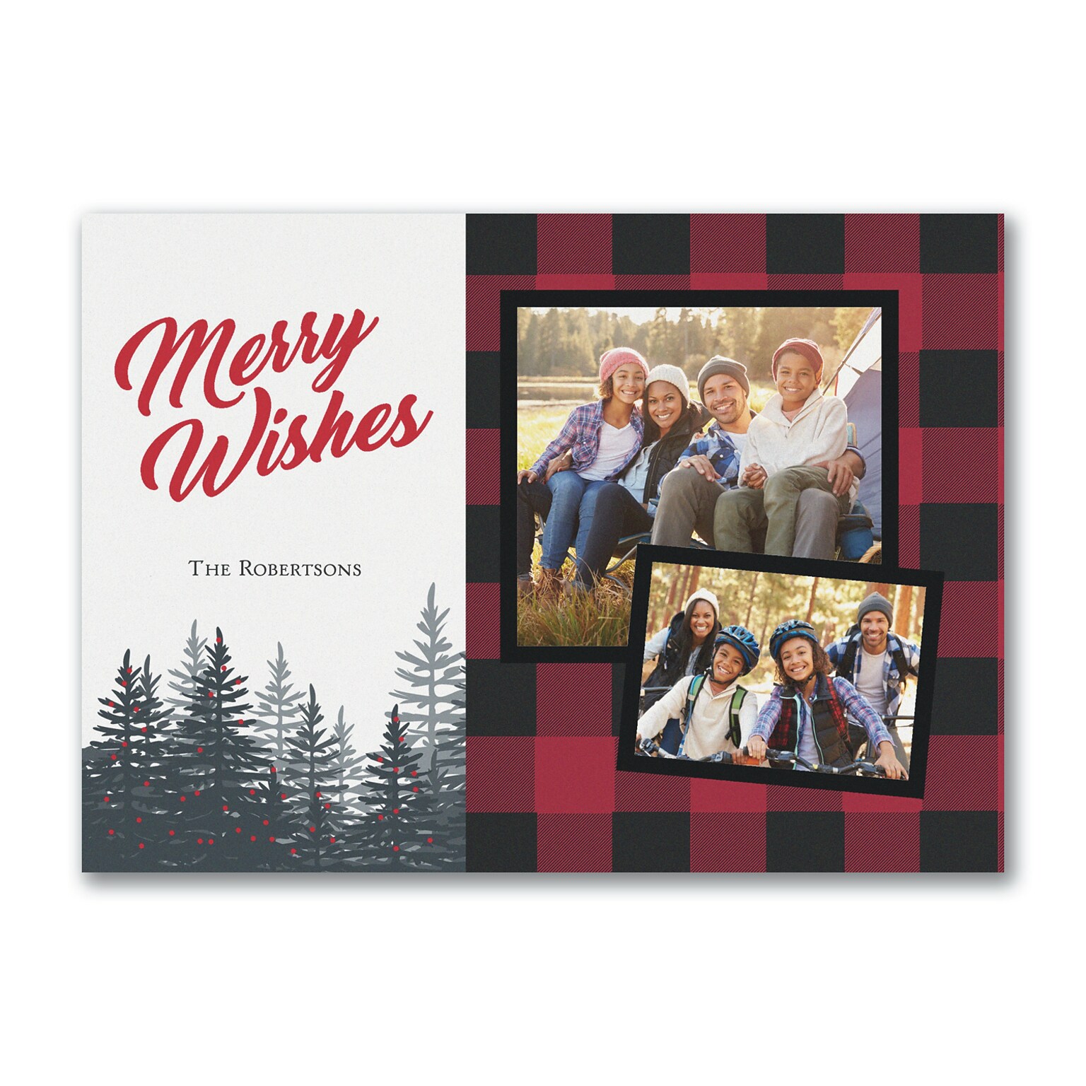 Custom 7 x 5 Merry Wishes Plaid Holiday Photo Card, White Smooth 115#, 25/Pack