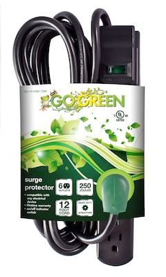 GoGreen Power 12' Surge Protector, 6 Outlet, Black (GG-16103M-12BK)