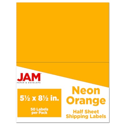 JAM Paper Shipping Labels, Half Page, 5 1/2 x 8 1/2, Neon Orange,  2 Labels/Sheet, 25 Sheets/Pack
