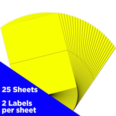 JAM Paper Shipping Labels, Half Page, 5 1/2" x 8 1/2", Neon Yellow,  2 Labels/Sheet, 25 Sheets/Pack (359429627)