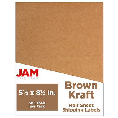 JAM Paper Shipping Labels, Half Page, 5 1/2 x 8 1/2, Brown Kraft, 2 Labels/Sheet, 25 Sheets/Pack (