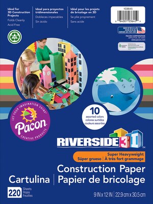 Pacon Riverside 3D 9 x 12 Construction Paper, Assorted Colors, 220 Sheets/Ream (PAC103645)