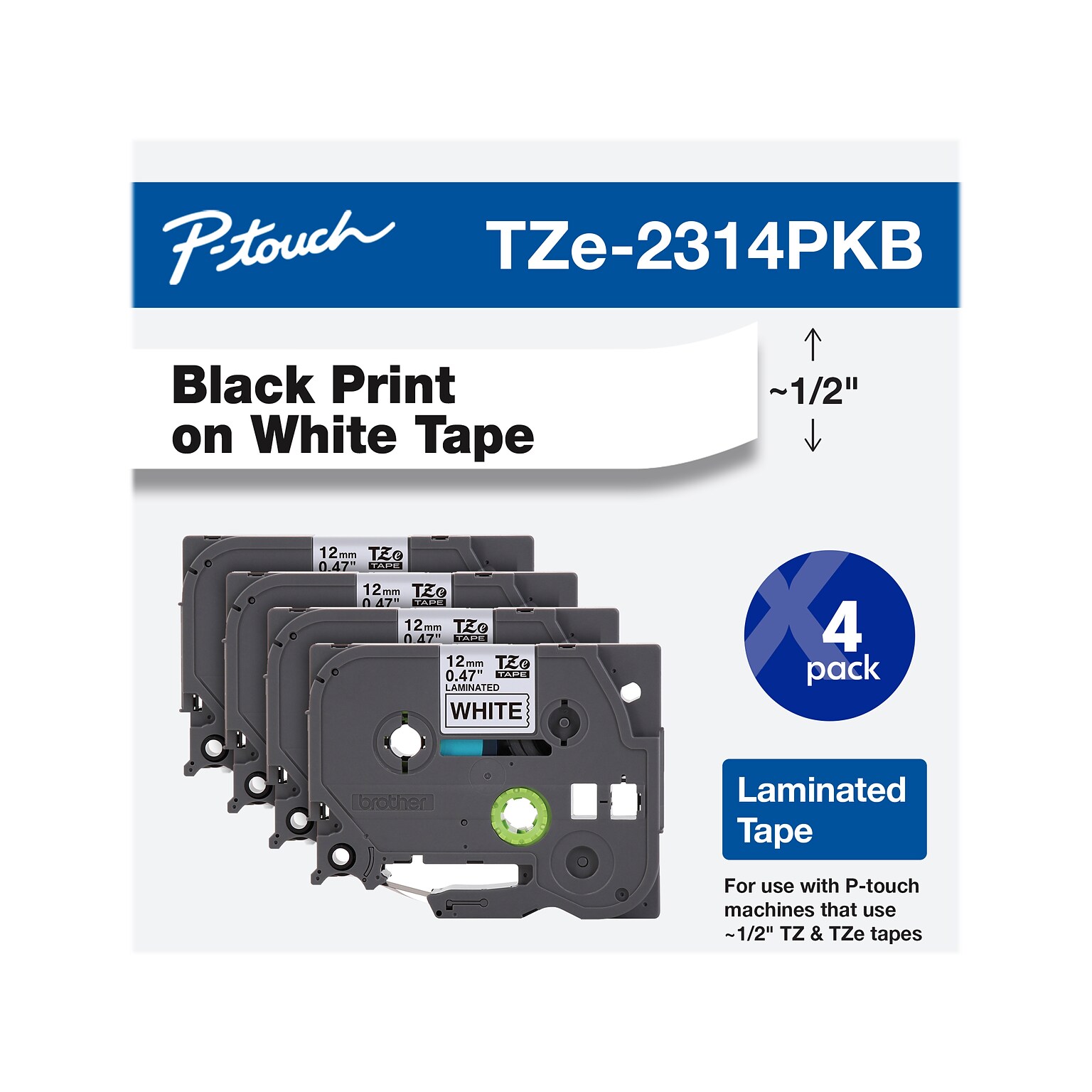 Brother P-touch TZe-231 Laminated Label Maker Tape, 1/2 x 26-2/10, Black on White, 4/Pack (TZe-2314PKB)
