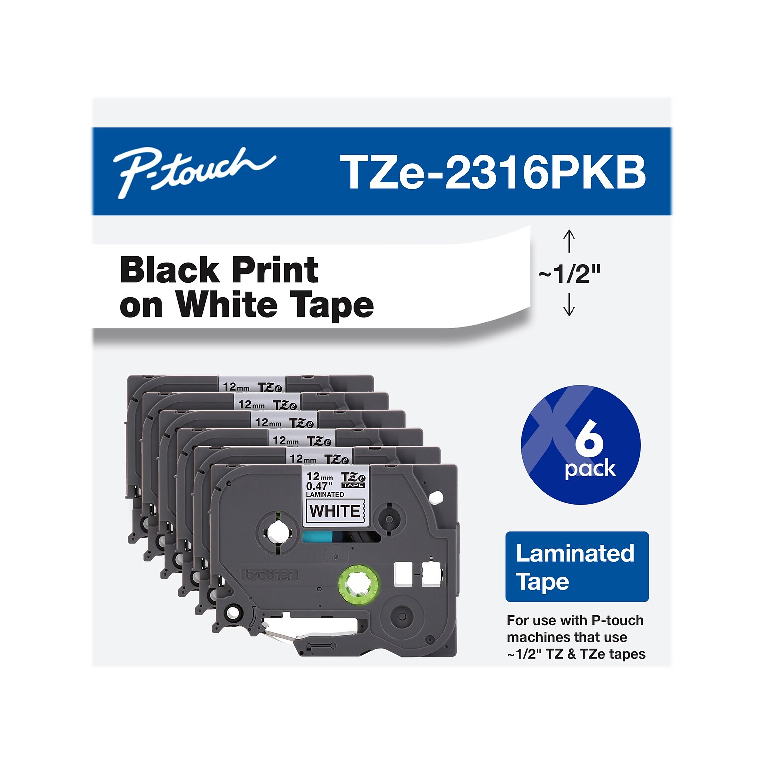 Brother P-touch TZe-231 Laminated Label Maker Tape, 1/2 x 26-2/10, Black on White, 6/Pack (TZe-2316PKB)