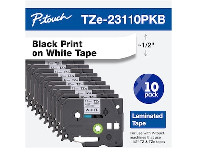 Brother P-touch TZe-231 Laminated Label Maker Tape, 1/2 x 26-2/10, Black on White, 10/Pack (TZe-23