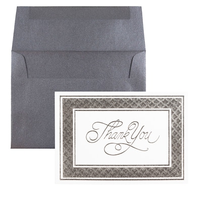 JAM Paper® Thank You Card Sets, Silver Border Cards with Anthracite Stardream Envelopes, 25 Cards an