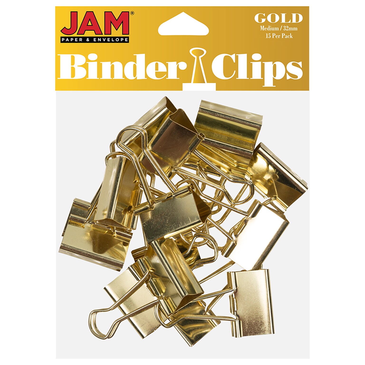 JAM Paper Colorful Binder Clips, Medium, 5/8 Capacity, Gold, 15/Pack (339BCgo)