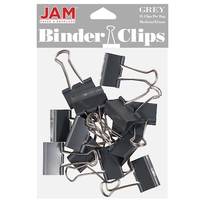 JAM Paper Colorful Binder Clips, Medium,  5/8 Capacity, Grey, 15/Pack (339BCGY)
