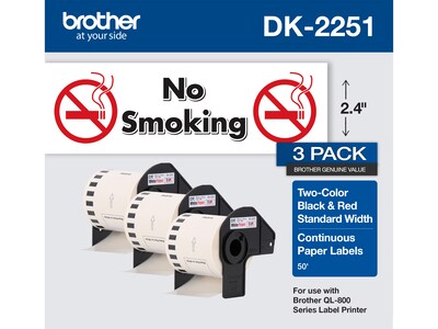Brother DK-2251 Standard Width Continuous Paper Labels, 2-4/10 x 50, Black/Red on White, 3 Rolls/B