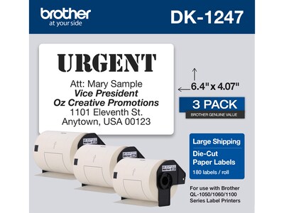 Brother DK-1247 Large Shipping Paper Labels, 6-4/10 x 4-7/100, Black on White, 180 Labels/Roll, 3