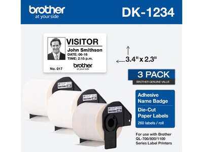 Brother DK-1234 Adhesive Name Badge Paper Labels, 3-4/10 x 2-3/10, Black on White, 260 Labels/Roll