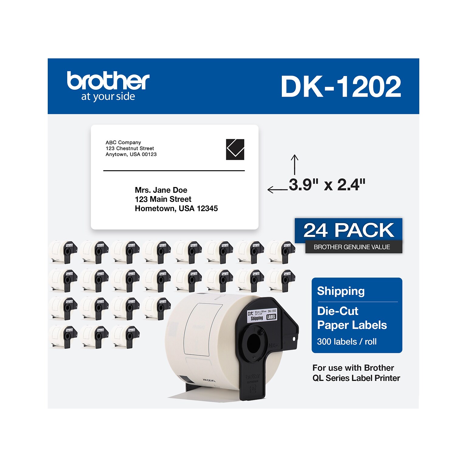 Brother DK-1202 Shipping Paper Labels, 3-9/10 x 2-4/10, Black on White, 300 Labels/Roll, 24 Rolls/Pack (DK-120224PK)