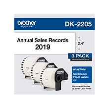 Brother DK-2205 Wide Width Continuous Paper Labels, 2-4/10 x 100, Black on White, 3 Rolls/Box (DK-