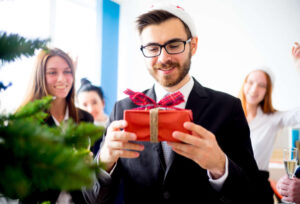 Office professional receiving Christmas gift