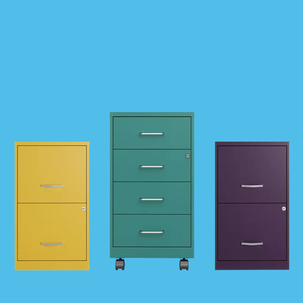 yellow green and purple file cabinets