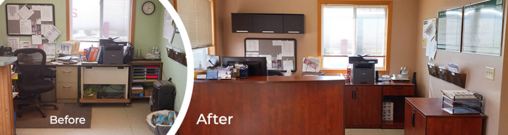 A chaotic vs an organized office space.