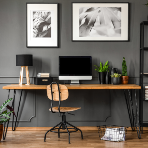 A wooden office desk and office chair