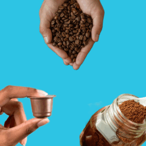 hands holding coffee beans, pods and ground coffee