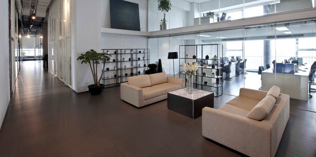 Modern office with sofas and glass walls.