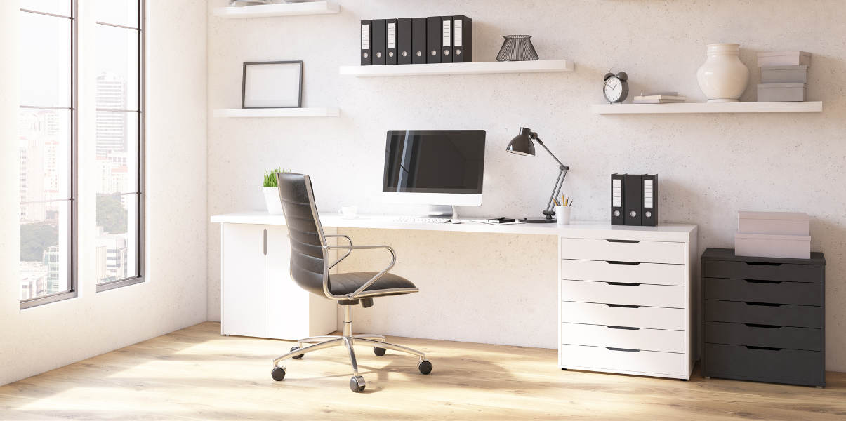 Home office with floating shelves and minimalist decor