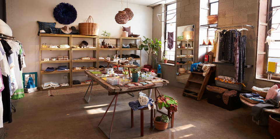 Interior of a shop selling clothes and accessories.