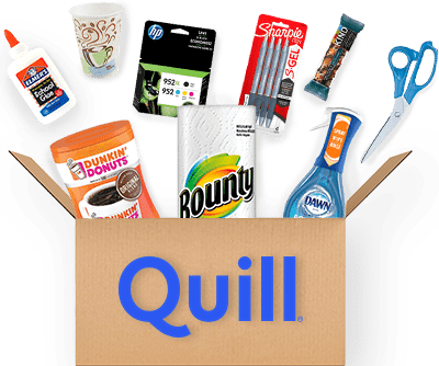 Quill-labeled box with products exploding from it