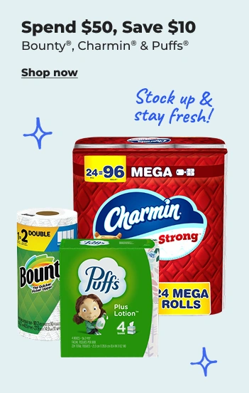 Shop now: Spend $50, Save $10 Bounty Charmin & Puffs
