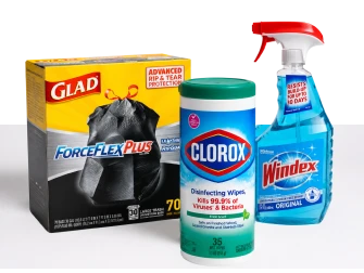 Cleaning products including trash bags, disinfecting wipes, and glass cleaner