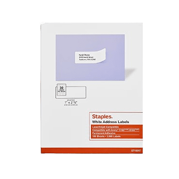 Staples® Laser/Inkjet Address Labels, 1" x 2 5/8", White, 30 Labels/Sheet, 100 Sheets/Pack, 3000 Labels/Box (ST18057-CC)