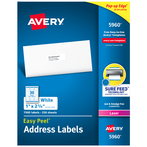 Avery Easy Peel Laser Address Labels, 1" x 2-5/8", White, 7,500 Labels/Box (5960)