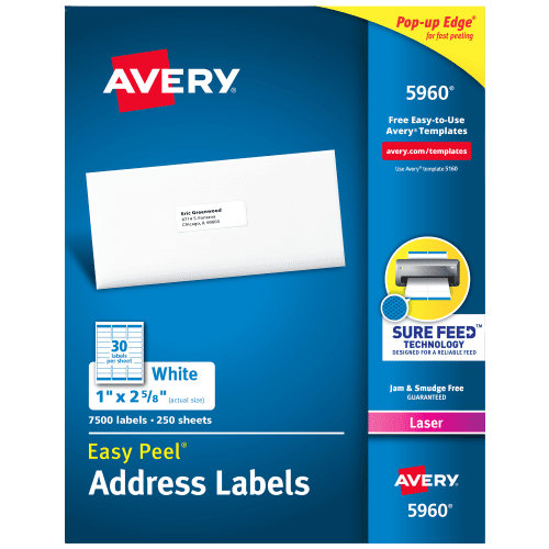 Avery Easy Peel Laser Address Labels, 1" x 2-5/8", White, 30 Labels/Sheet, 250 Sheets/Box (5960)