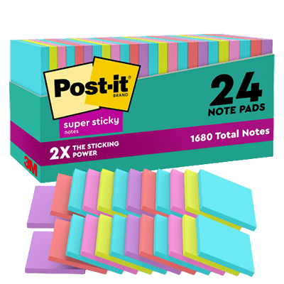 Post-it Super Sticky Notes, 3" x 3", Supernova Neons Collection, 70 Sheets/Pad, 24 Pads/Pack (654-24SSMIA-CP)