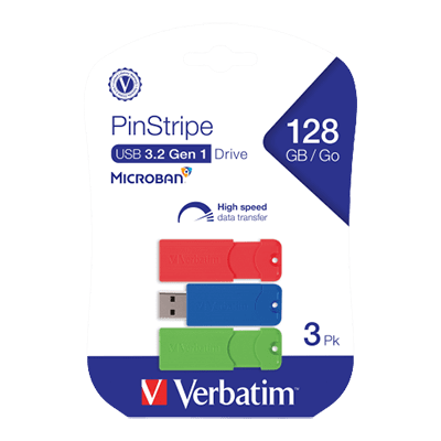 Verbatim PinStripe 128GB USB 3.2 Type-A Flash Drive, Red/Green/Blue, 3/Pack (70390)