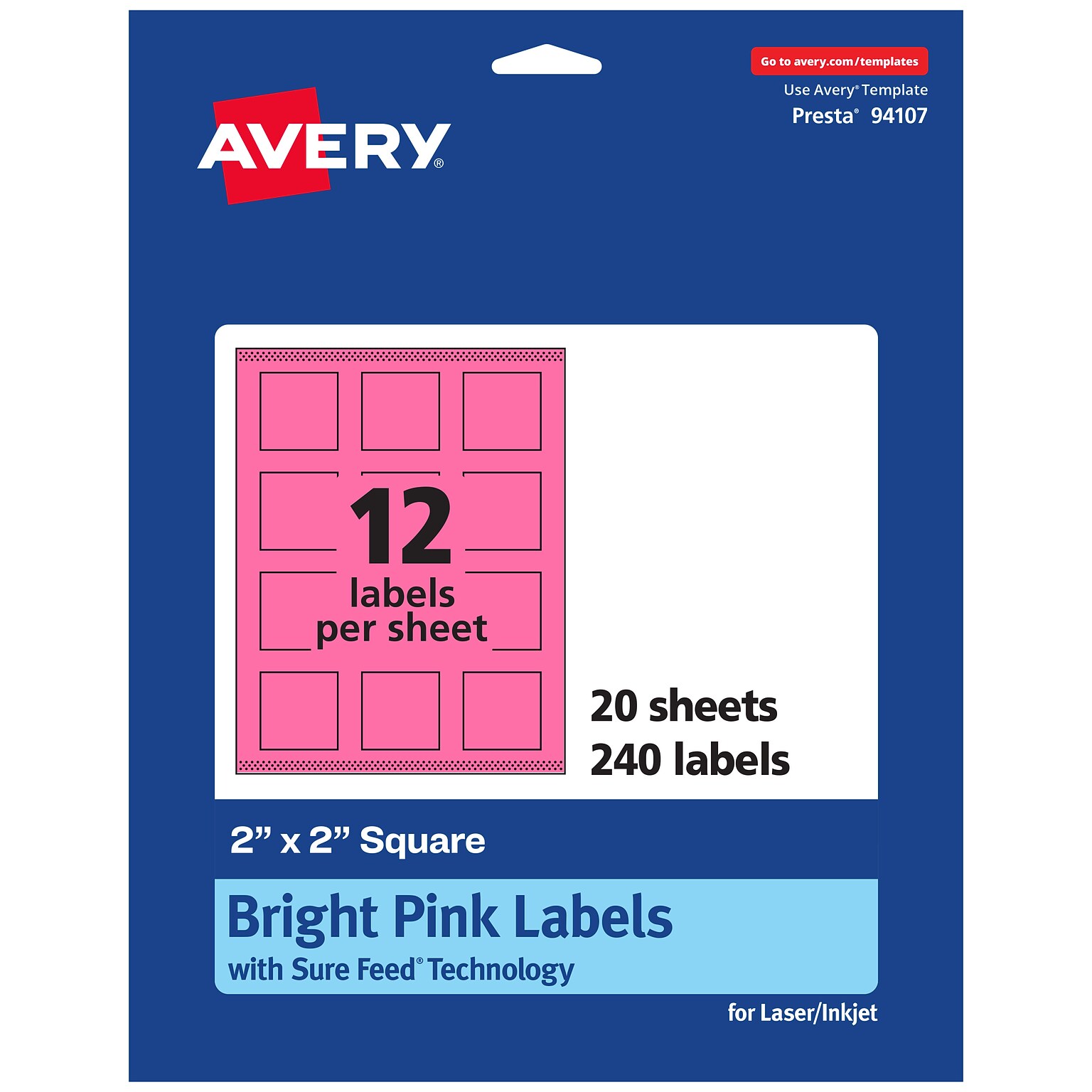 Avery Laser/Inkjet Square Multipurpose Labels, 2 x 2, Bright Pink, 240/Pack (94107)