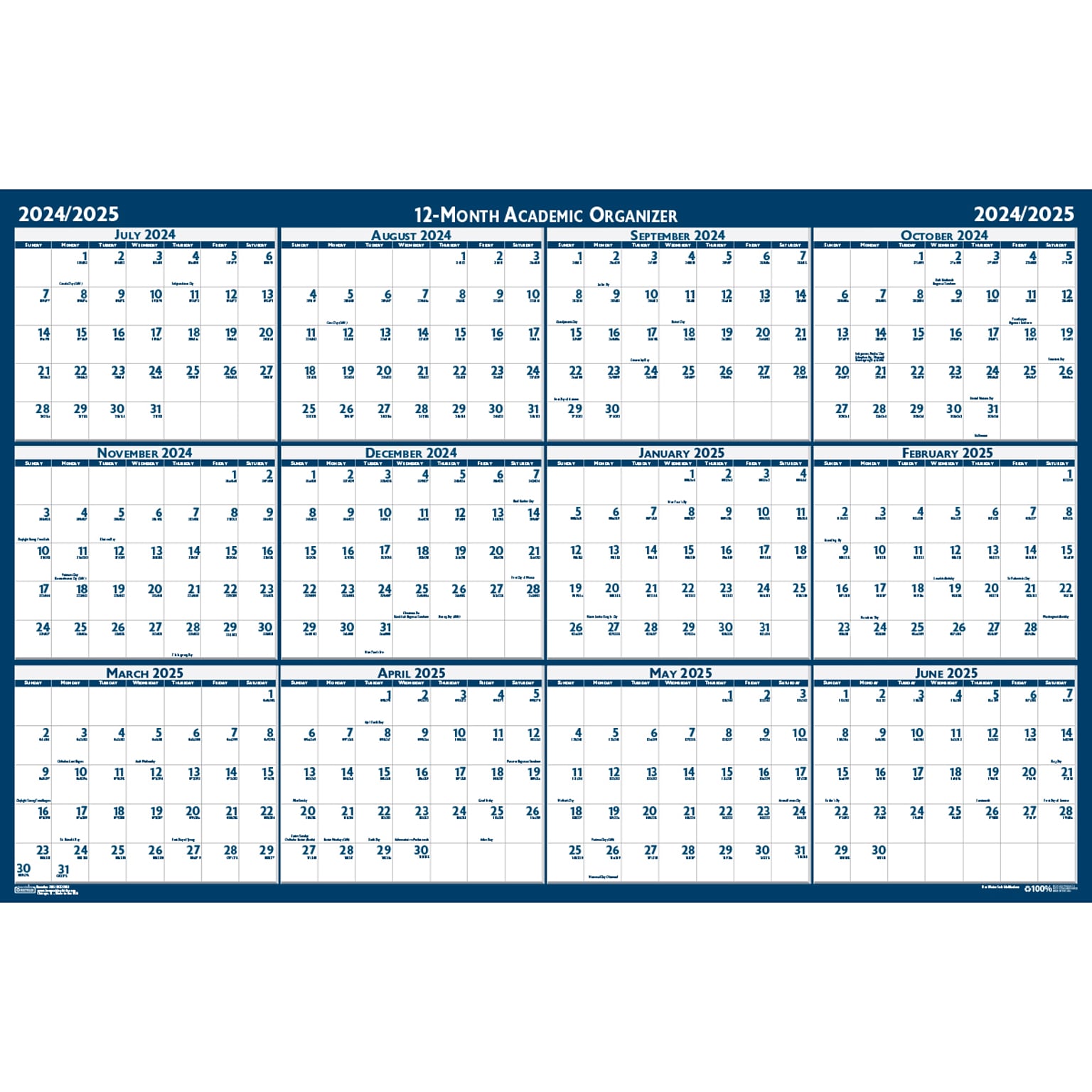 2024-2025 House of Doolittle 24 x 18 Academic Yearly Wet-Erase Wall Calendar, Reversible, White/Blue (3965-25)