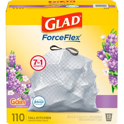 Glad ForceFlex Tall 13 Gallon Drawstring Kitchen Trash Bag, Gain Lavender with Febreze Freshness, White, 110 Total Bags (79157)