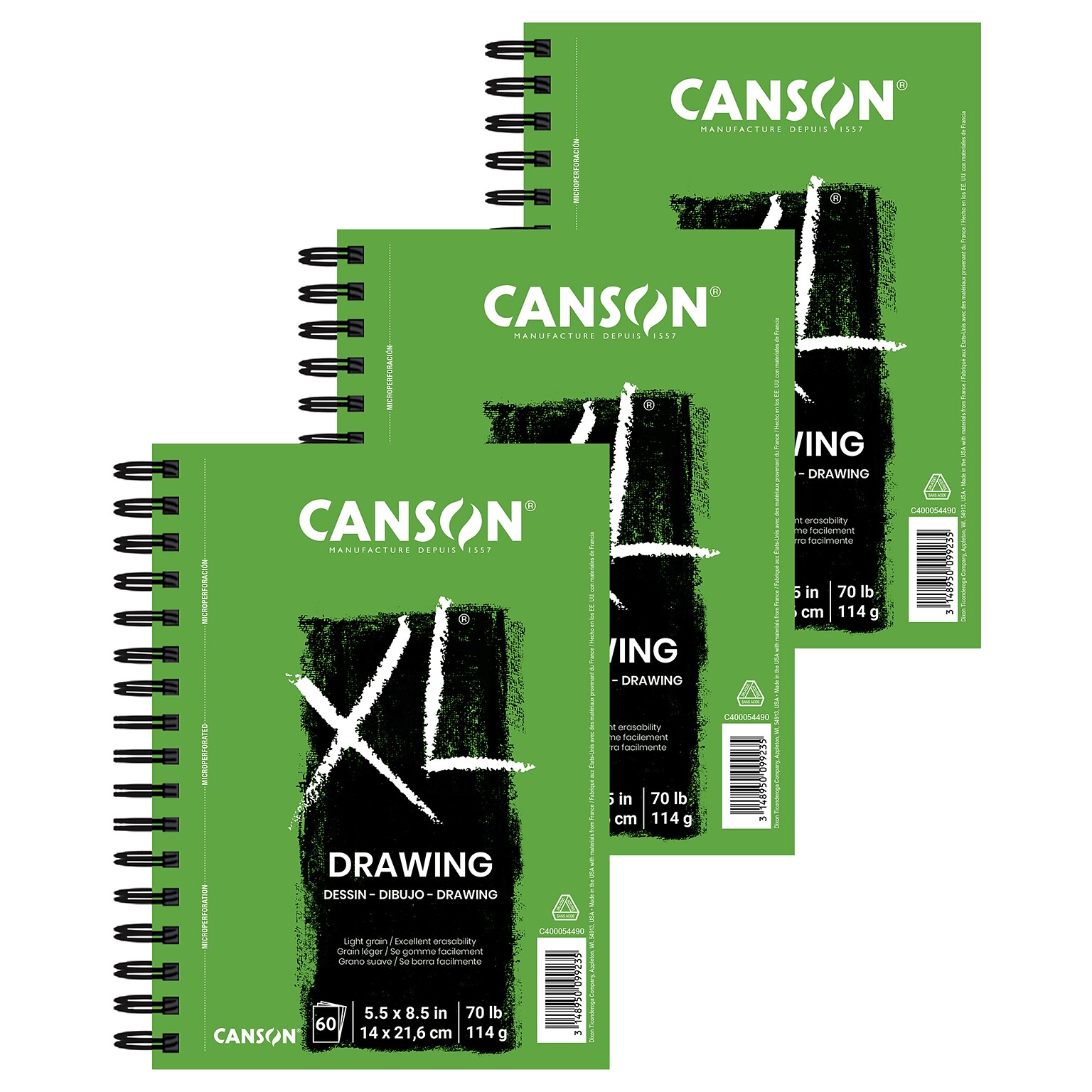 Canson XL Series 5.5 x 8.5 Wire Bound Drawing Sketch Pad, 60 Sheets/Pad, 3/Bundle (MCXC40005449006-3)