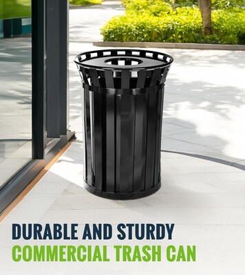 Alpine Industries Metal Outdoor Trash Can with Flat Lid and Liner, 38 Gallon, Black (479-38)