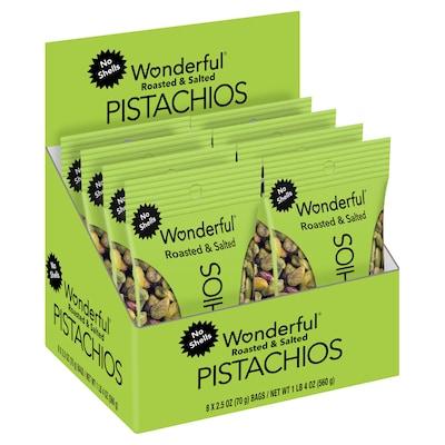Wonderful Pistachios Dry Roasted & Salted Pistachos, 2.5 oz., 8 Bags/Box (PAR070146A25M)