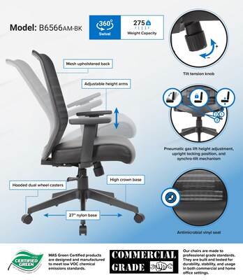 Boss Office Products Ergonomic Mesh/Vinyl Swivel Task Chair, Black (B6566AM-BK)