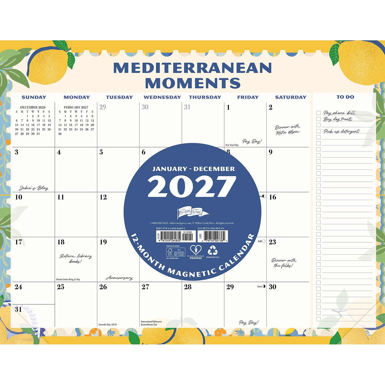 2027 Willow Creek Mediterranean Moments 14.25 x 11.25 Monthly Desk or Wall Calendar, Assorted Colors (64832)