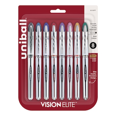 uni-ball Vision Elite Rollerball Pen, Bold Point, 0.8mm, Assorted Ink, 8/Pack (90199PP)